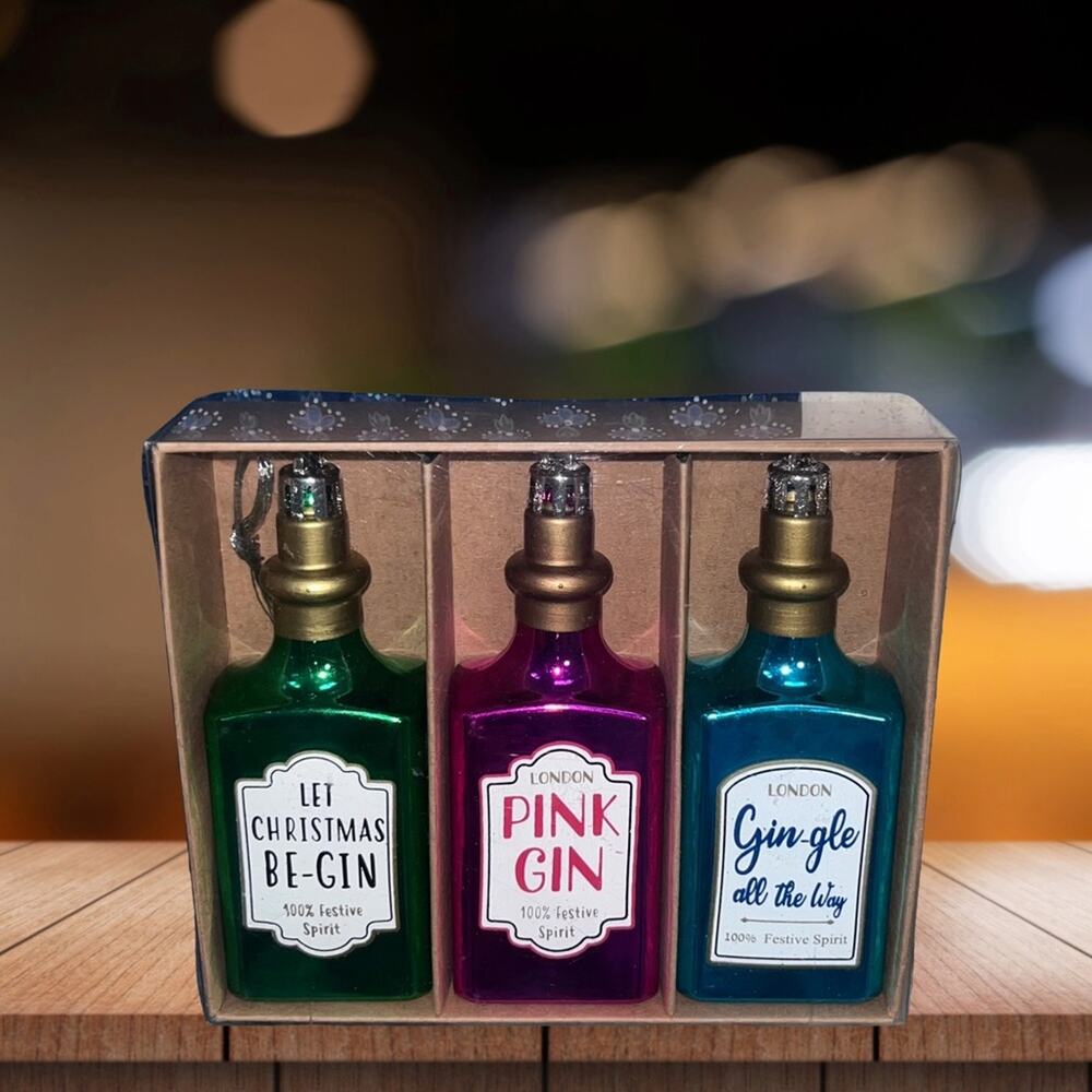 NEW! Holiday GIN Bottle Ornaments 3pc Set Green, Pink, Blue